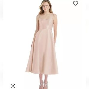 NWT ALFRED SUNG Spaghetti Straps Satin Midi Cocktail Dress Cameo